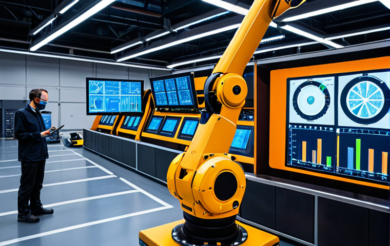 **Prompt:** A futuristic factory floor with advanced robots assembling cars. The robots are equipped with glowing sensors and holographic displays showing real-time data analysis. In the background, engineers monitor the robots from a control room with large screens displaying complex data visualizations. Focus on the interplay of technology and human oversight, showcasing the power of predictive maintenance in a modern manufacturing environment.