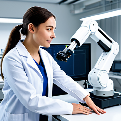Home 6 A professional female engineer in a modest lab coat and appropriate clothing stands beside a sleek, collaborative robot arm in a modern, brightly lit robotics laboratory. She is gently guiding the robot's end-effector, demonstrating a delicate task, emphasizing precision and a soft touch. The scene conveys seamless human-robot collaboration and advanced dexterity. The environment is clean and organized, with technical equipment in the background. The image ensures fully clothed, appropriate attire, safe for work, professional, modest, perfect anatomy, correct proportions, natural pose, well-formed hands, proper finger count, natural body proportions, professional photography, and high quality with appropriate content.