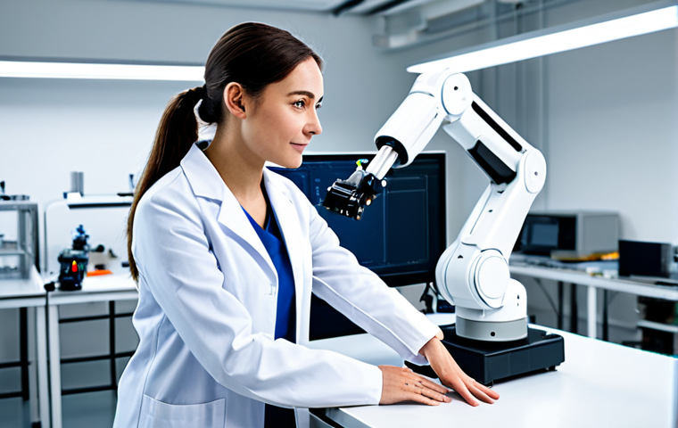 A professional female engineer in a modest lab coat and appropriate clothing stands beside a sleek, collaborative robot arm in a modern, brightly lit robotics laboratory. She is gently guiding the robot's end-effector, demonstrating a delicate task, emphasizing precision and a soft touch. The scene conveys seamless human-robot collaboration and advanced dexterity. The environment is clean and organized, with technical equipment in the background. The image ensures fully clothed, appropriate attire, safe for work, professional, modest, perfect anatomy, correct proportions, natural pose, well-formed hands, proper finger count, natural body proportions, professional photography, and high quality with appropriate content.