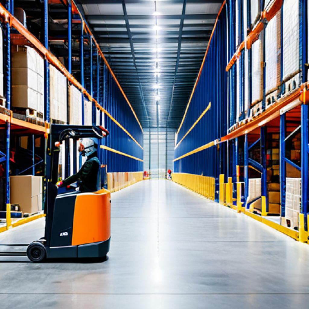 AI-Powered Warehouse Robot**

"A fully clothed warehouse worker observing a modern robotic forklift efficiently navigating shelves in a busy warehouse environment, using computer vision to identify boxes. The robot is metallic and sleek, the warehouse is brightly lit with visible inventory. Appropriate attire, safe for work, perfect anatomy, natural proportions, professional photography, high quality, modest background, appropriate content."

**