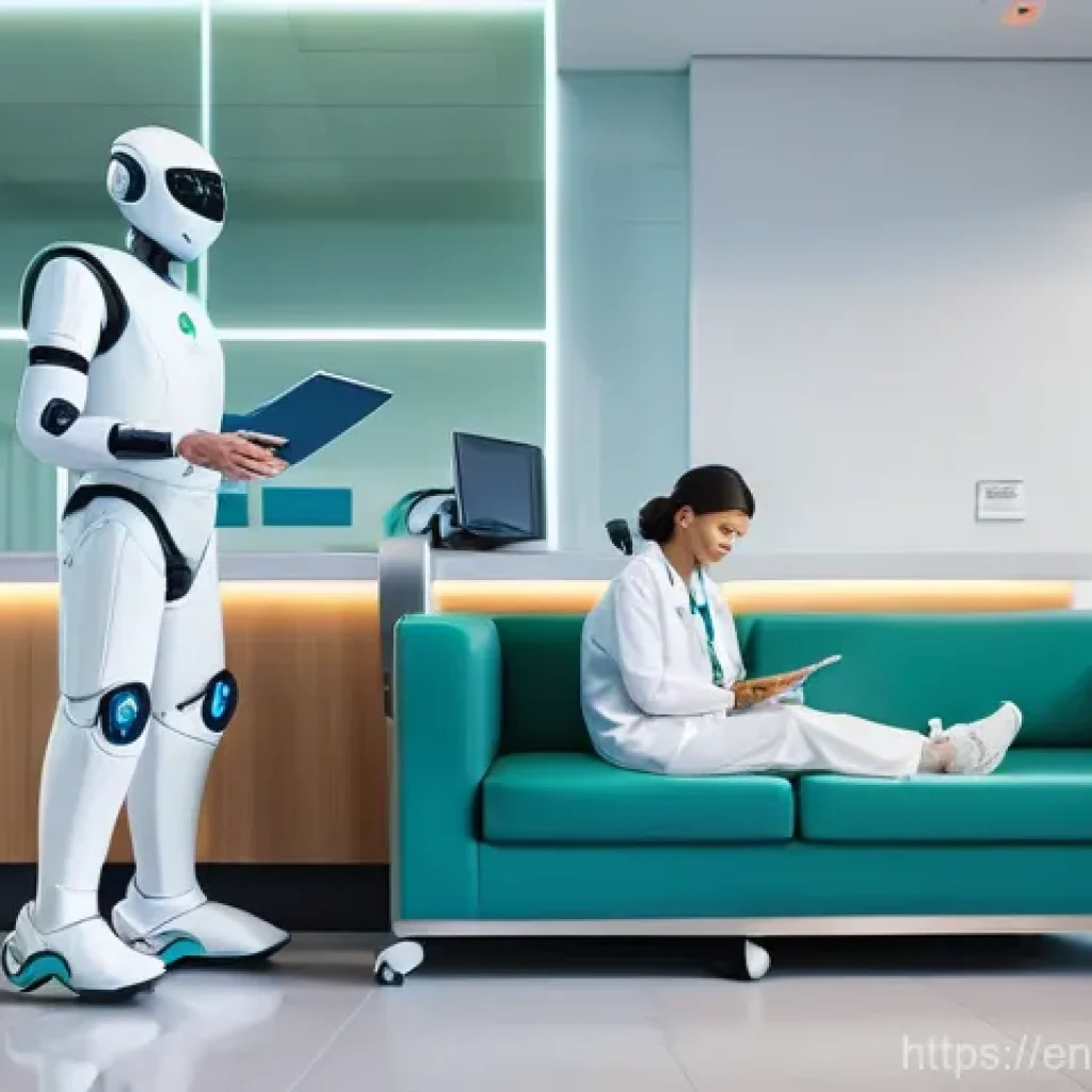 로봇과 바이오닉스 기술 - **"A vibrant and bustling modern hospital lobby, filled with a diverse group of healthcare professio...