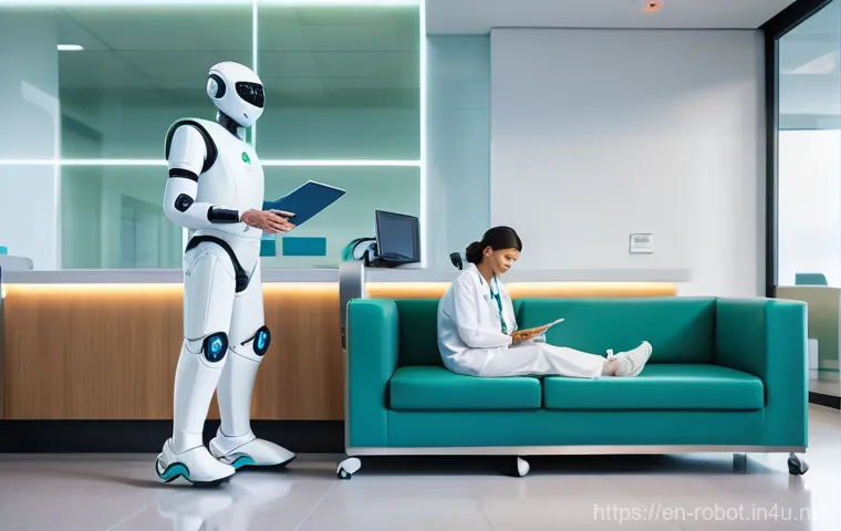 로봇과 바이오닉스 기술 - **"A vibrant and bustling modern hospital lobby, filled with a diverse group of healthcare professio...