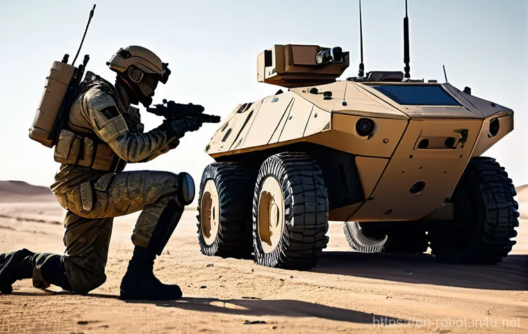 군사용 로봇 - **Prompt:** "A highly detailed, realistic image depicting a futuristic soldier in full, advanced mil...