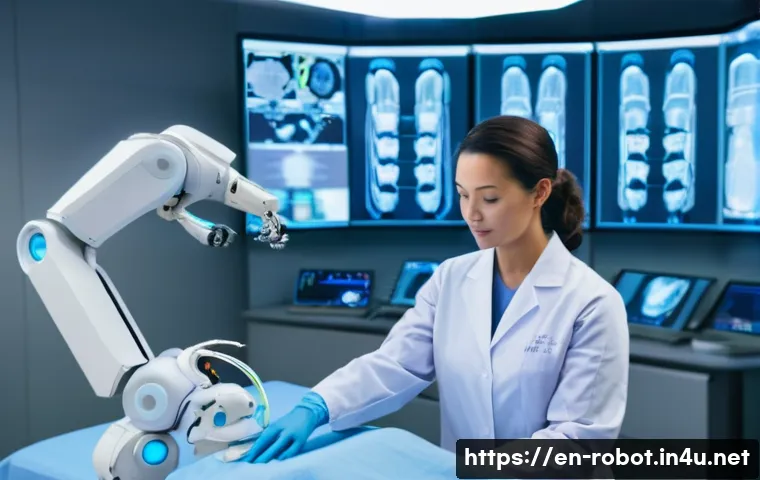 로봇 공학과 소프트웨어 개발 - **"Robotics in a Modern Healthcare Setting"**
    A bright, sterile, and futuristic operating room w...