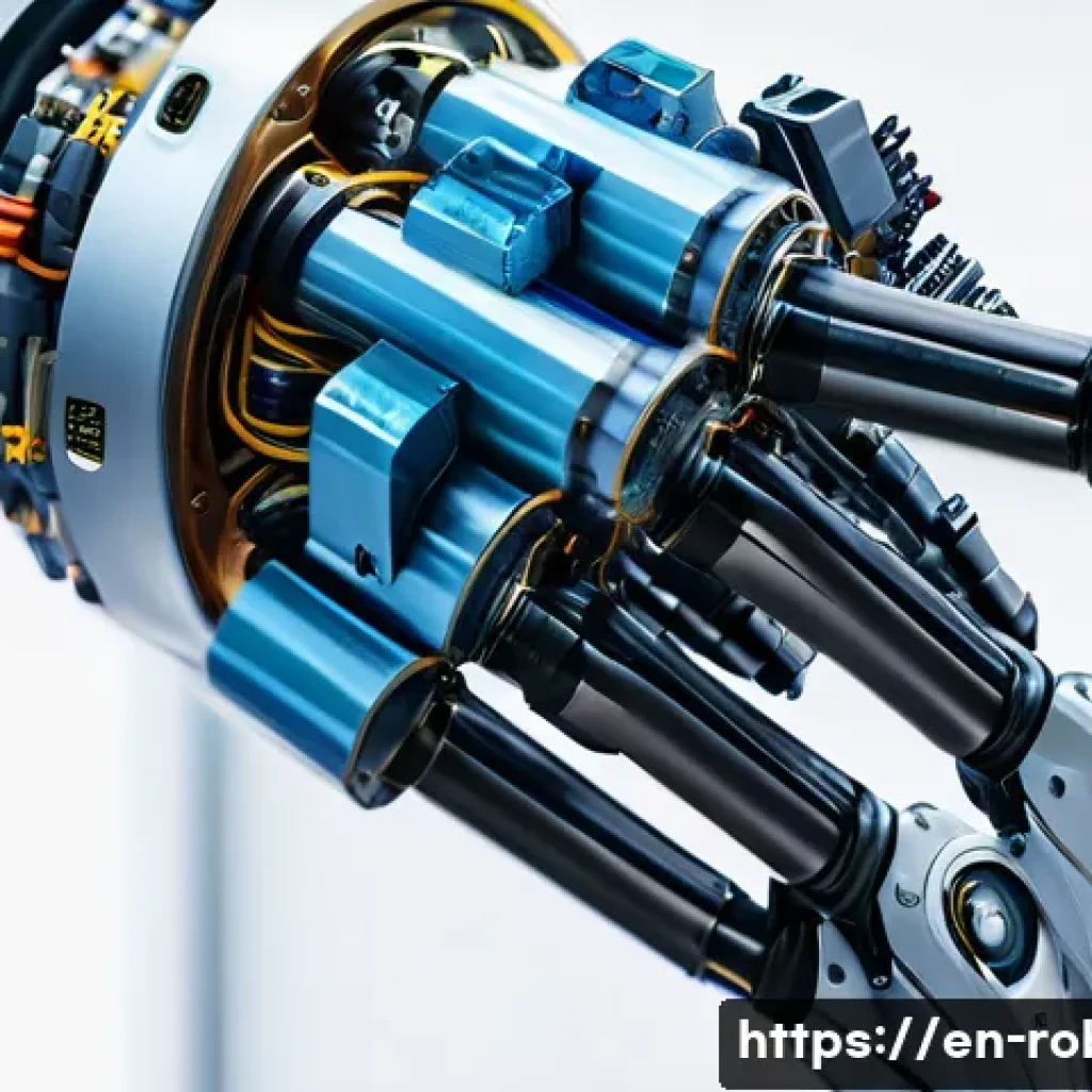로봇 동역학 - A highly detailed close-up of a robotic arm in a modern industrial setting, showcasing visible joint...