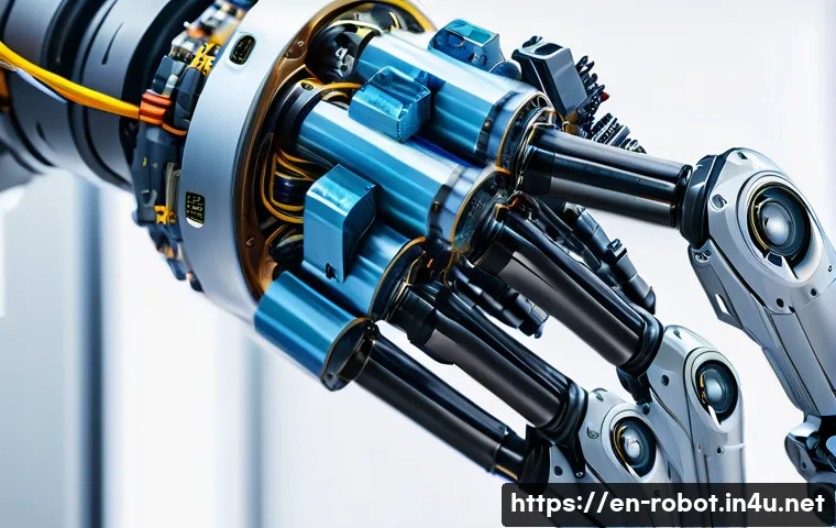 로봇 동역학 - A highly detailed close-up of a robotic arm in a modern industrial setting, showcasing visible joint...