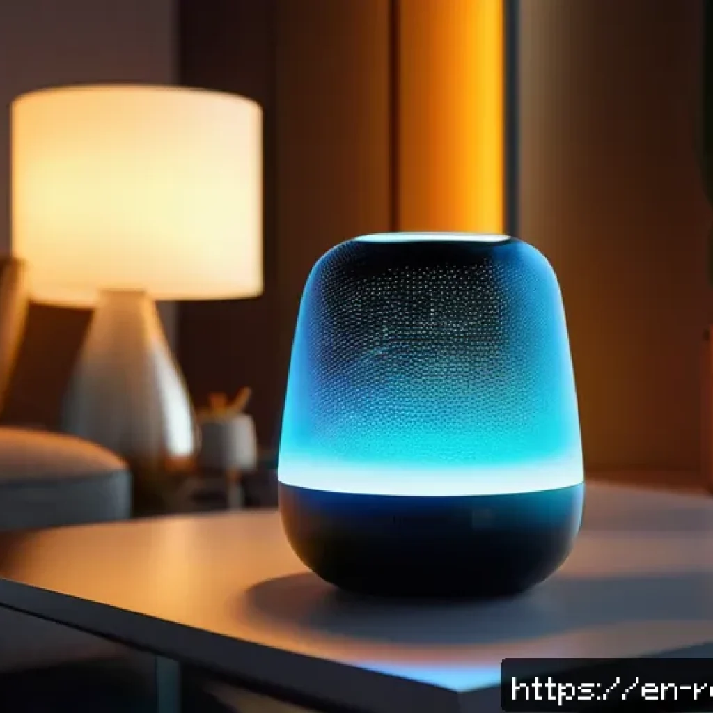 로봇과 스마트 홈 자동화 - A modern living room scene showcasing a sleek voice-controlled smart assistant device on a stylish s...