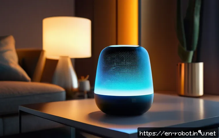 로봇과 스마트 홈 자동화 - A modern living room scene showcasing a sleek voice-controlled smart assistant device on a stylish s...