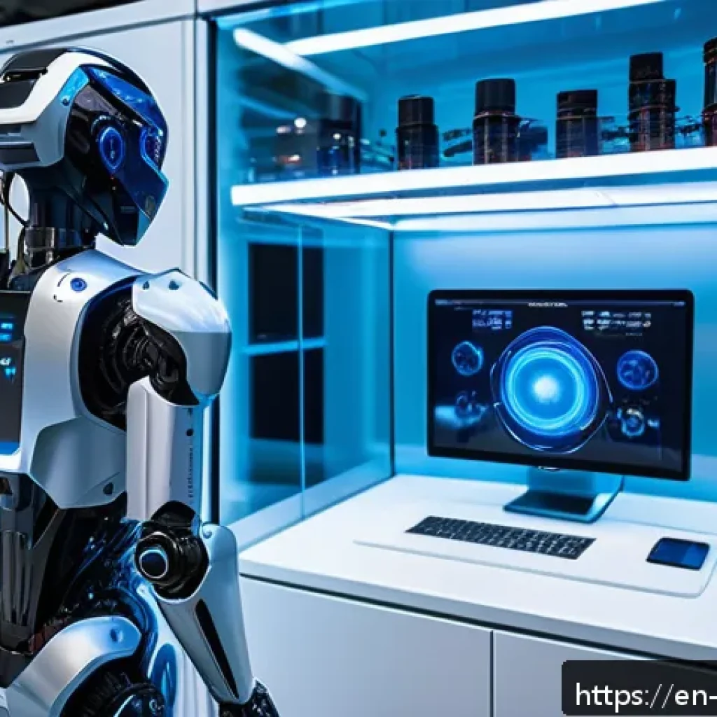 로봇 배터리 기술 - A futuristic robotics laboratory showcasing a sleek humanoid robot powered by advanced solid-state b...