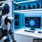 로봇 배터리 기술 - A futuristic robotics laboratory showcasing a sleek humanoid robot powered by advanced solid-state b...