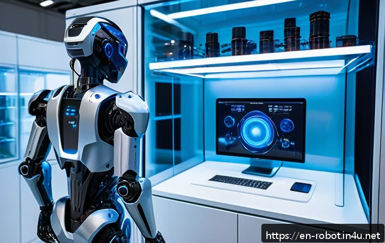 로봇 배터리 기술 - A futuristic robotics laboratory showcasing a sleek humanoid robot powered by advanced solid-state b...