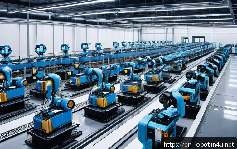 로봇과 자율 로봇 군단 - A highly detailed scene of a decentralized swarm of autonomous robots collaborating in a dynamic ind...