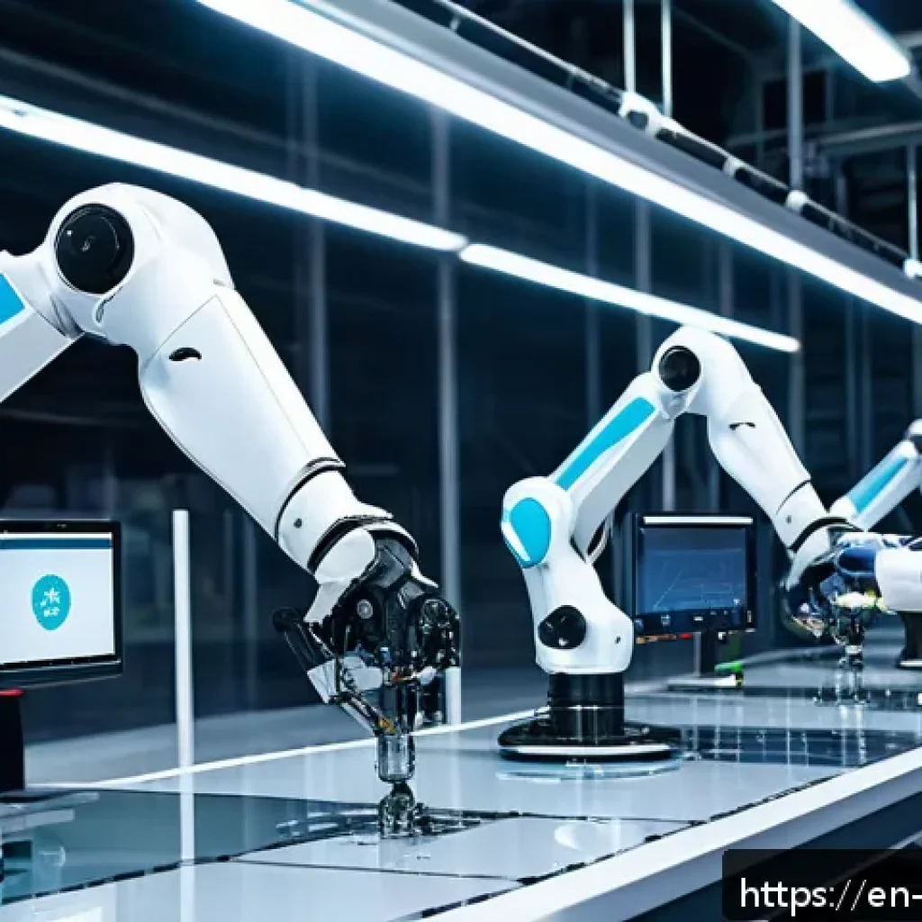 로봇 자동화와 산업 혁명 - A futuristic manufacturing floor showcasing advanced AI-driven robotic arms assembling delicate elec...