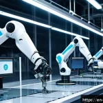 로봇 자동화와 산업 혁명 - A futuristic manufacturing floor showcasing advanced AI-driven robotic arms assembling delicate elec...