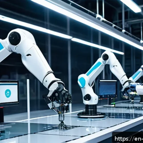 로봇 자동화와 산업 혁명 - A futuristic manufacturing floor showcasing advanced AI-driven robotic arms assembling delicate elec...