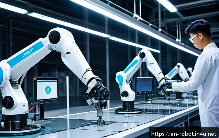 로봇 자동화와 산업 혁명 - A futuristic manufacturing floor showcasing advanced AI-driven robotic arms assembling delicate elec...