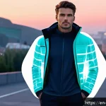 로봇 기반 스마트 의류 - A futuristic outdoor scene featuring a person wearing a sleek, high-tech smart jacket with dynamic t...