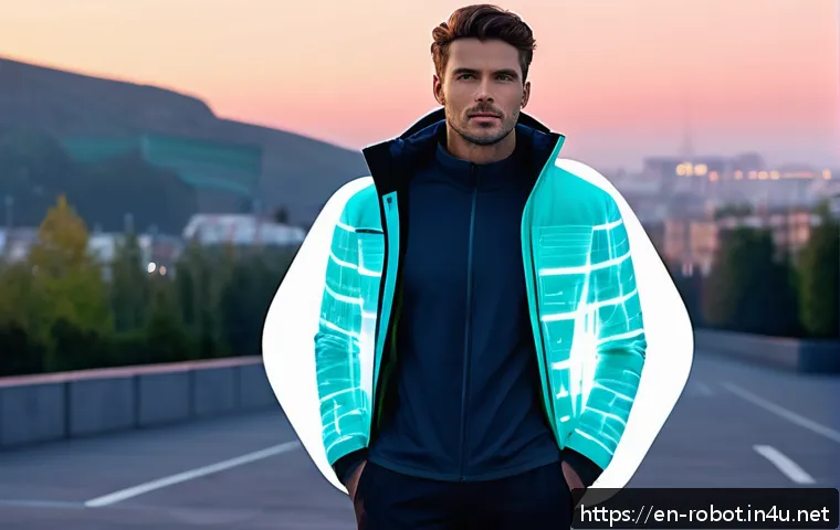 로봇 기반 스마트 의류 - A futuristic outdoor scene featuring a person wearing a sleek, high-tech smart jacket with dynamic t...
