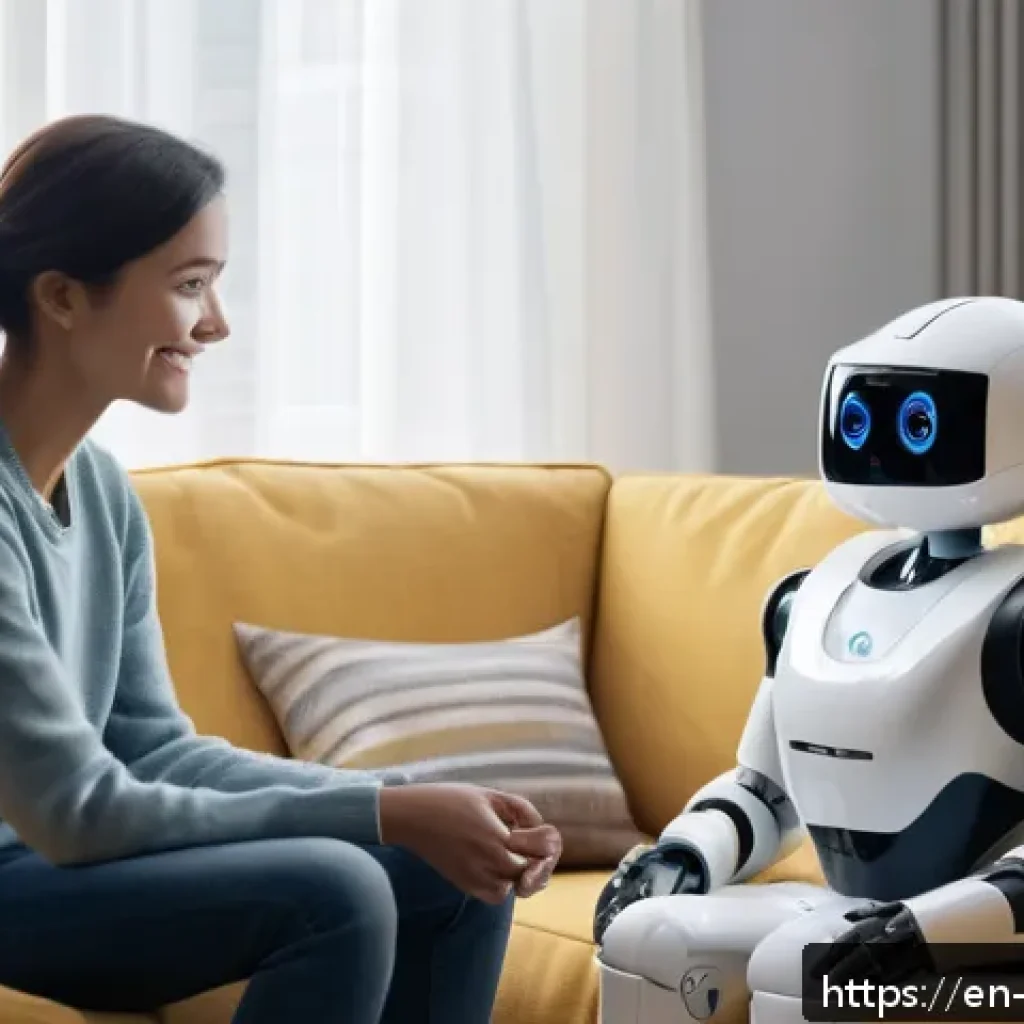 로봇의 사회적 역할 변화 - A warm, modern living room scene featuring a family interacting with a humanoid social robot compani...