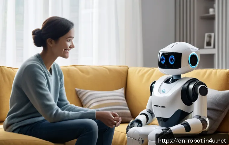 로봇의 사회적 역할 변화 - A warm, modern living room scene featuring a family interacting with a humanoid social robot compani...