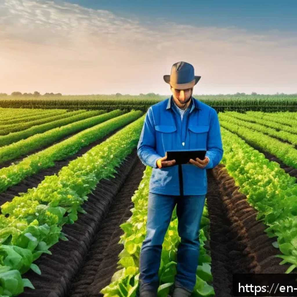 로봇 기반 자율 농업 - A modern large-scale farm field at sunrise with smart sensors installed in the soil, wirelessly tran...