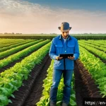 로봇 기반 자율 농업 - A modern large-scale farm field at sunrise with smart sensors installed in the soil, wirelessly tran...