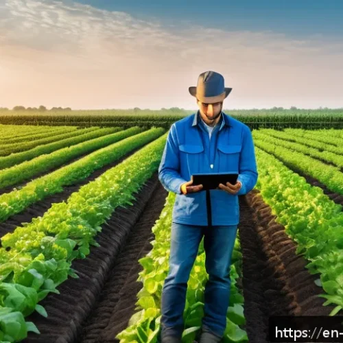 로봇 기반 자율 농업 - A modern large-scale farm field at sunrise with smart sensors installed in the soil, wirelessly tran...