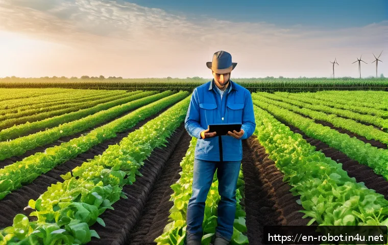 로봇 기반 자율 농업 - A modern large-scale farm field at sunrise with smart sensors installed in the soil, wirelessly tran...