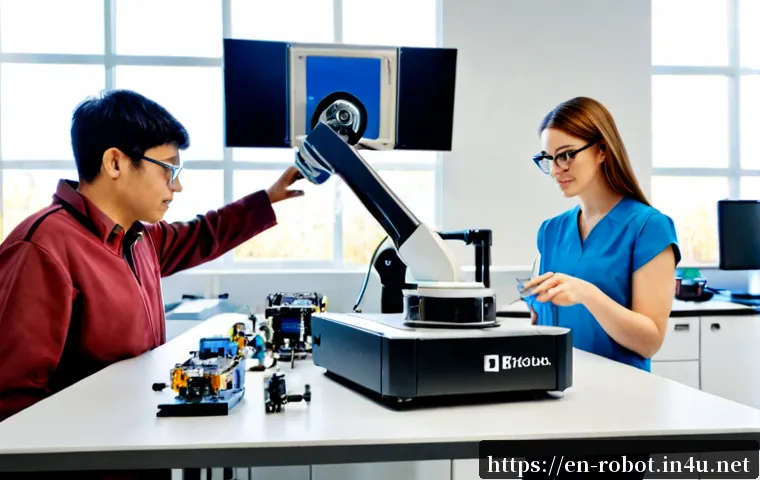 로봇 공학 교수 연구 사례 - Photorealistic university robotics professor in a bright modern engineering laboratory, guiding two ...