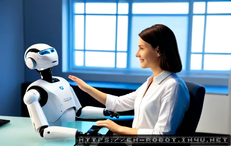 로봇과 뇌 기계 인터페이스 - Photorealistic neuroscience laboratory, a humanoid assistive robot gently interacting with a seated ...